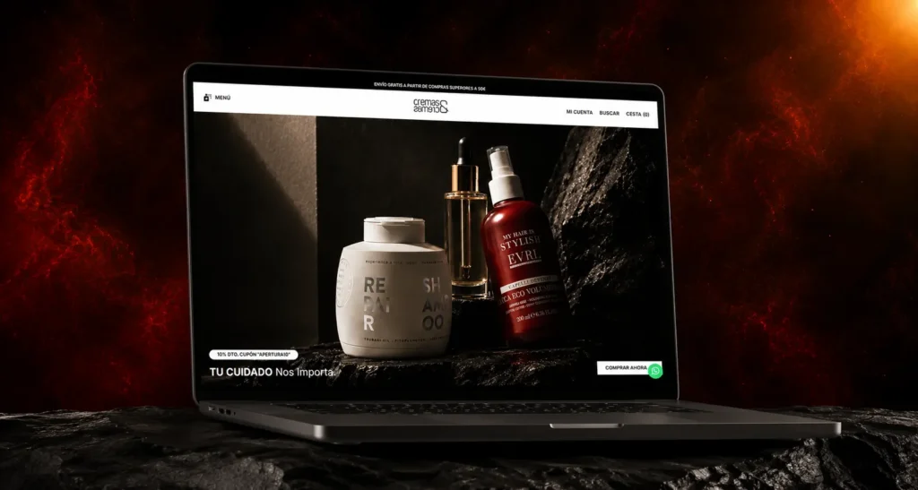 Tienda online B2B y B2C de Cremas&Cremas en WooCommerce, vista en un portátil sobre roca volcánica
